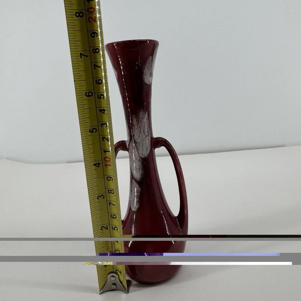 Vtg Art Nouveau Red Subtle Floral Drip Glaze Mid Century Double Handled Bud Vase